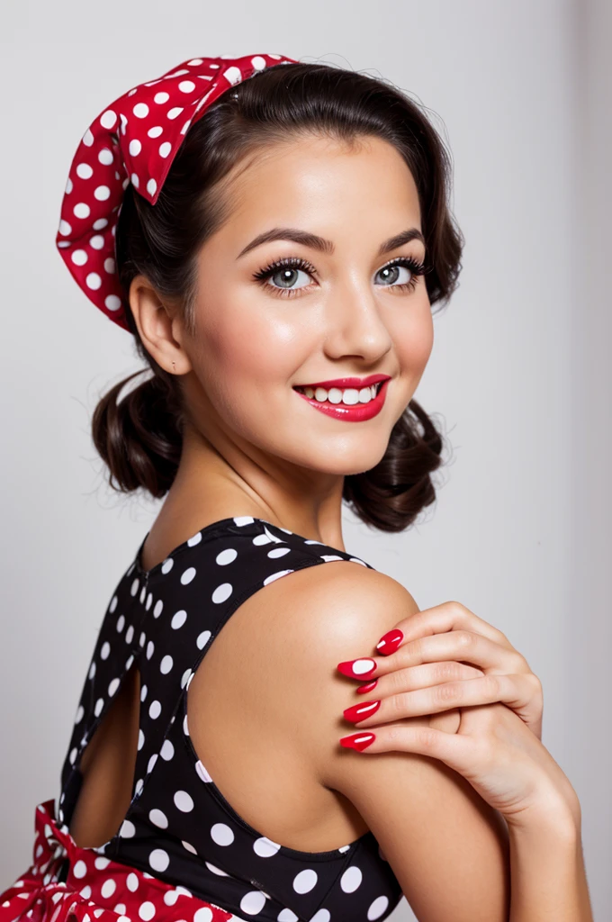 35mm portrait photography front centered composition girl smiling playfully posing sexy pin up dressed in a polka dot dress in pinup style white background beautiful eyes, perfect skin, detailed skin, big, beautiful fingers and nails , (4K, ultra detailed) hands up