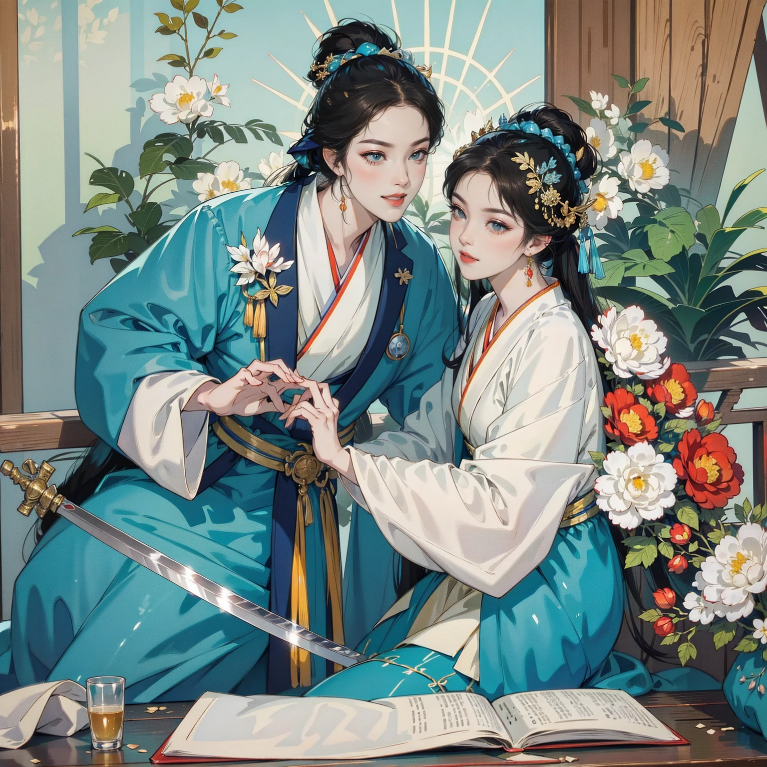 Man holding a sword and woman holding a medical book,Wearing traditional costume,Warm and happy gaze。Bright colors,antiquity