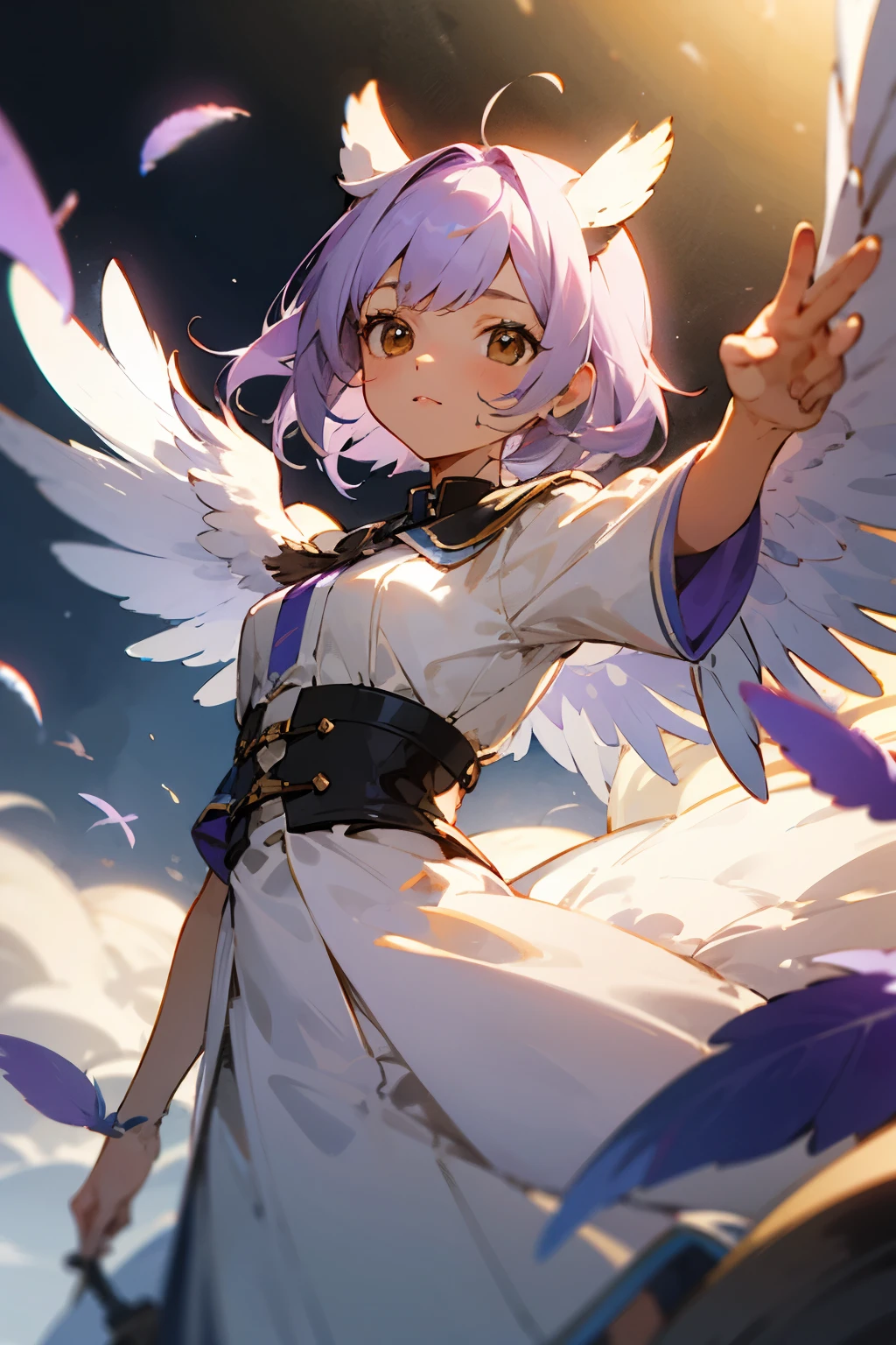 bird girl, light purple hair, owl wings, light brown skin, brown eyes, owl ears, purple feathers