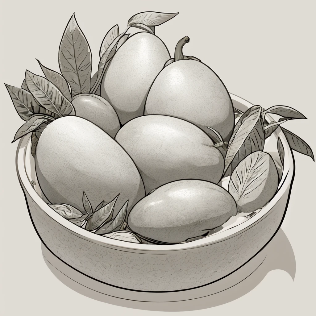 make me a fruit logo from a picture of a mango split open and wrapped in two mango leaves to form a bowl. with simple minimalism and elegance, line art, vector art