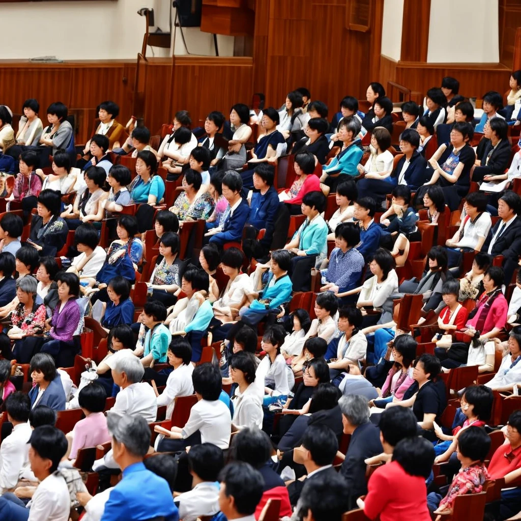 Create an image featuring a confident middle-aged Taiwanese man giving a speech at the chairman's seat in a grand hall. The man is facing away from the camera, wearing trendy, youthful clothes. The grand hall is filled with Taiwanese audience members attentively listening to the speech.