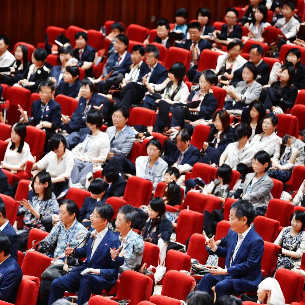 Create an image featuring a confident middle-aged Taiwanese man giving a speech at the chairman's seat in a grand hall. The man is facing away from the camera, wearing trendy, youthful clothes. The grand hall is filled with Taiwanese audience members attentively listening to the speech.