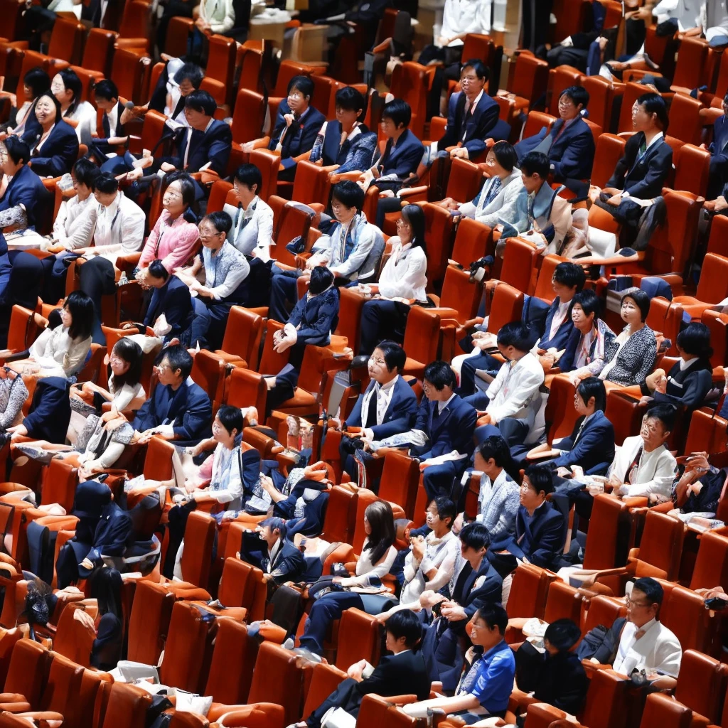 Create an image featuring a confident middle-aged Taiwanese man giving a speech at the chairman's seat in a grand hall. The man is facing away from the camera, wearing trendy, youthful clothes. The grand hall is filled with Taiwanese audience members attentively listening to the speech.