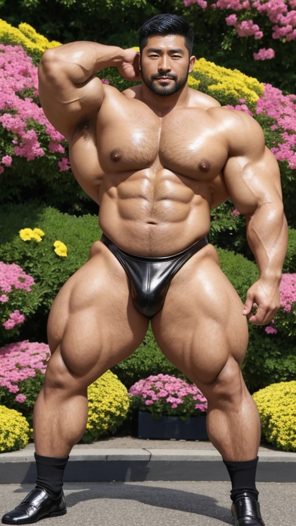 There is only one handsome Asian actor in the photo，35 years old，High target, Fitness，short hair, O-Shaped Beard，Perfect body, Dark skin color，Radiant Skin，Smooth skin，Muscle bulge, muscular, Very large pectoral muscles，Very sexy abdominal muscles，Very well-developed leg muscles，Huge concave and convex area，Brightens oily skin，Wearing black leather shiny thong，Handsome face， Correct and accurate male body proportions, Wear black leather socks，Stand among the flowers。
