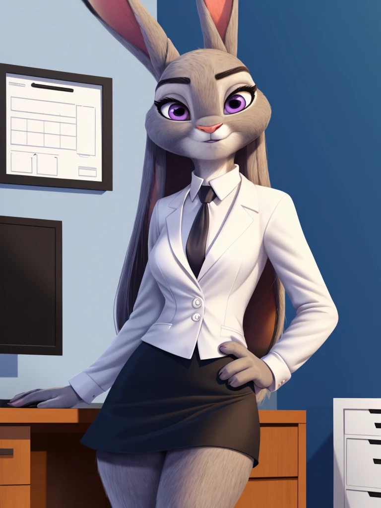 best quality,
masterpiece,
High quality
ultra-detailed
beautiful detailed,
hyper Realistic,
Portrait,
Looking at the audience,
detailed background,
background is an office,

(Face is JudyHopps:1.15),
NamiFinal,
((long straight hair)),
wispy bangs, bangs,
purple eyes,
(arched eyebrows:1.1),
(uplift eyebrows:1.1),
(rabbit ears:1.1),

office lady is wearing suit,
((White blouse)),
((Black blazer jacket)),
((Black skirt)),
clothes made of cotton,

(skin is felt:1.3),
human hands,

(solo:1.5),
(1 lady:1.5),
one character only
alone,
Perfect Anatomy