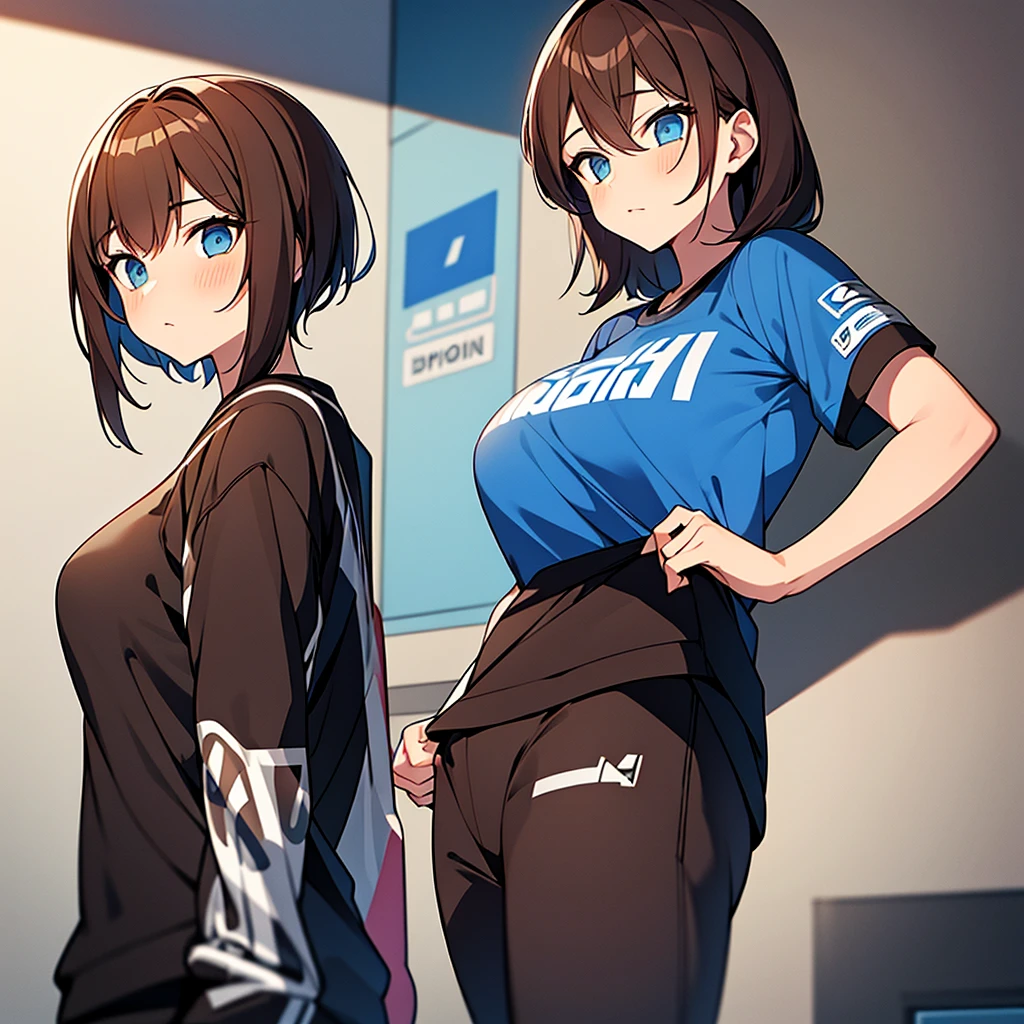 BiWitsch ornate in the background as a logo on a wall Young woman wearing sportswear with Biwitsch logo on it, Brown hair, blue eyes, Shirt lila, Pants black, brown short hair