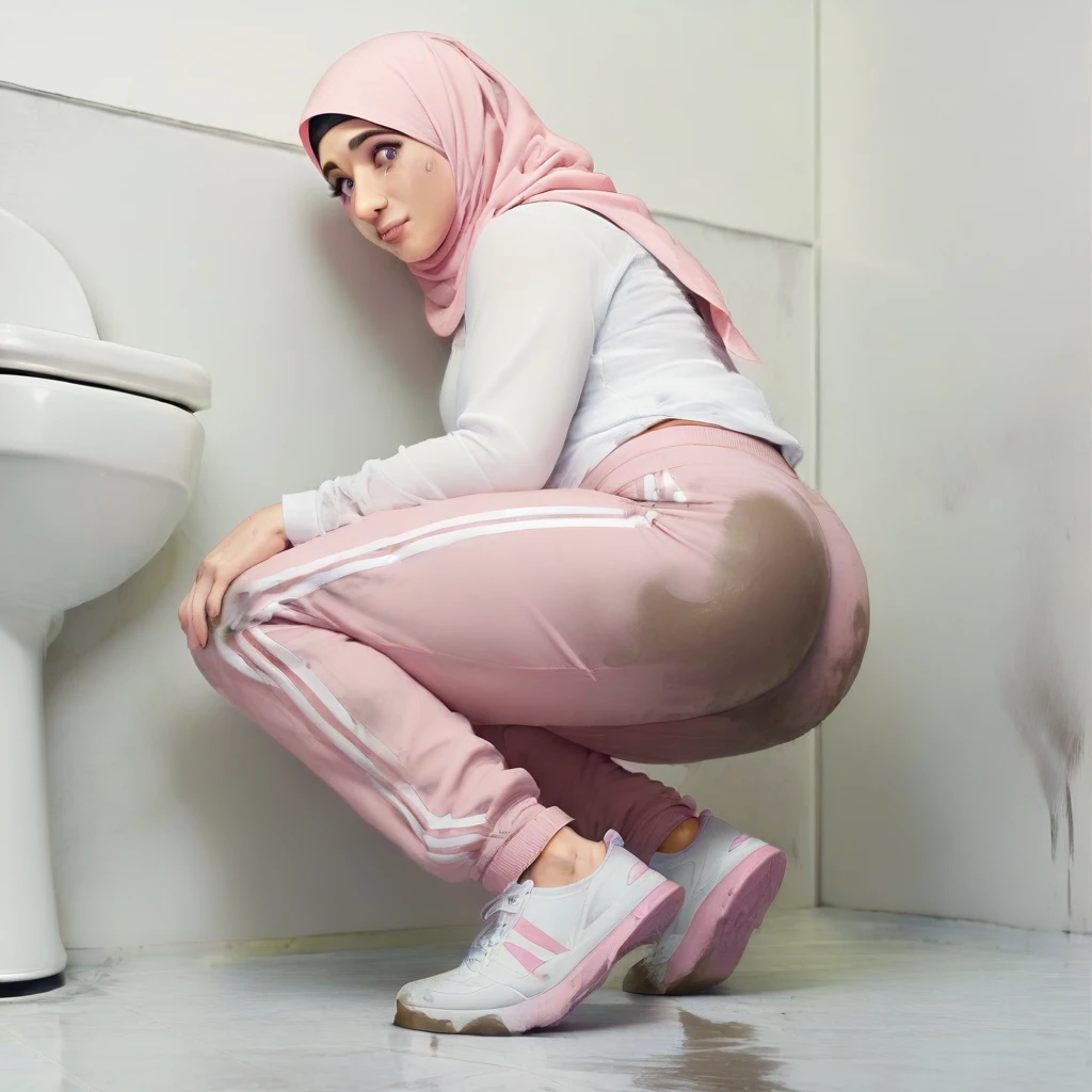 Ultra-realistic, 4k, 1girl, hot cute face, pretty face, cute eyes, chubby body, wearing pink hijab, pink adidas sweatpants, tight long sleeve sports white tshirt, white sneakers, nervous facial expressions, very sweaty, both hands on ass, in dirty dark public toilet, near the toilet, dirty toilet walls, dirty toilet floor, dirty toilet, dirty clothes, sweaty clothes, (((make the whole image filthy and dirty))), (((mud on the floor and mud overflowing from toilet bowl))), stinky atmosphere, filthy atmosphere, mud everywhere, mud on face, mud on pants, disgusting toilet,
