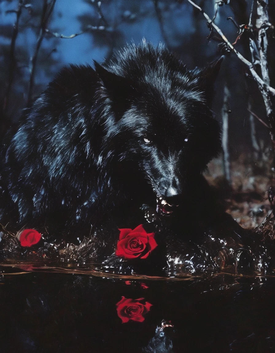 film photography, vintage, close up photo of giant black wolf with red rose in black water, blue dark forest night background