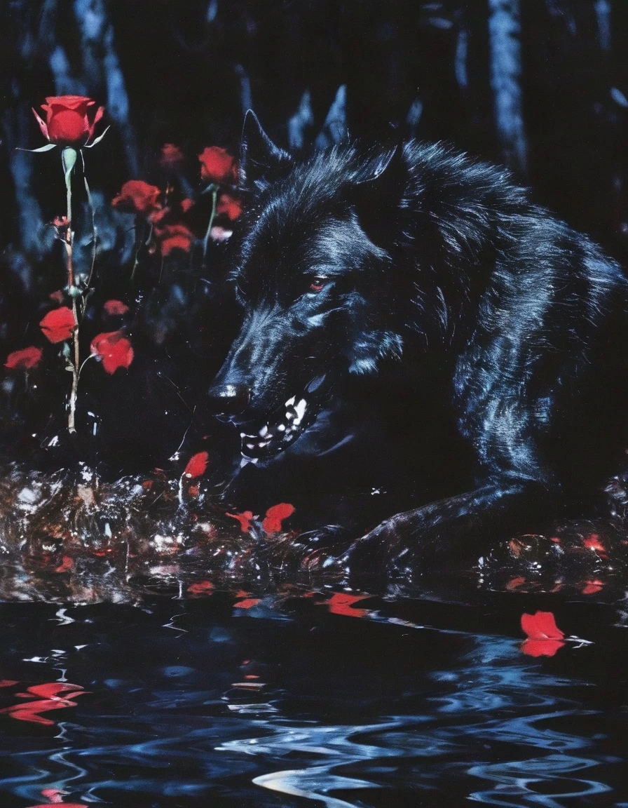 film photography, vintage, close up photo of giant black wolf with red rose in black water, blue dark forest night background