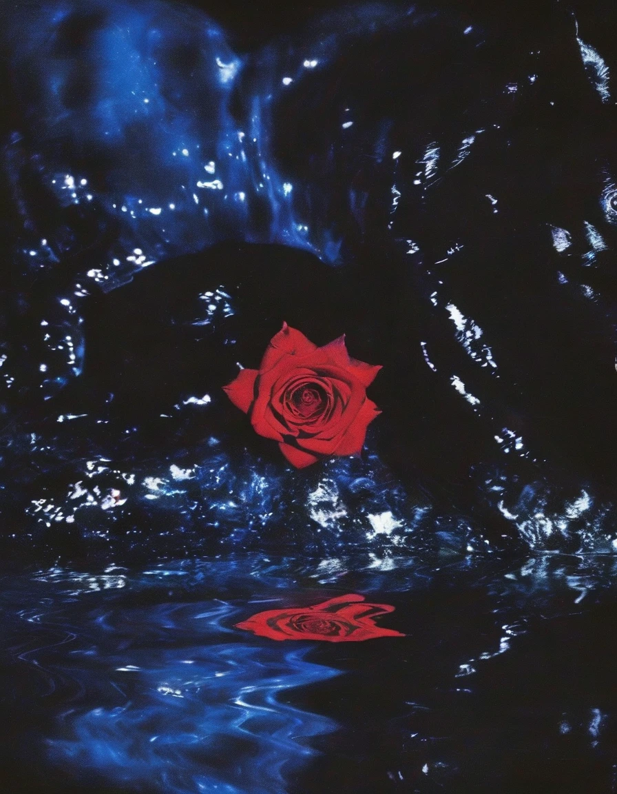 film photography, vintage, close up photo of red rose in black water, blue dark forest night background