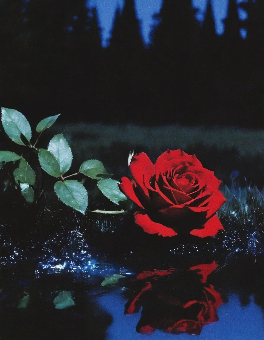 film photography, vintage, close up photo of red rose in black water, blue dark forest night background