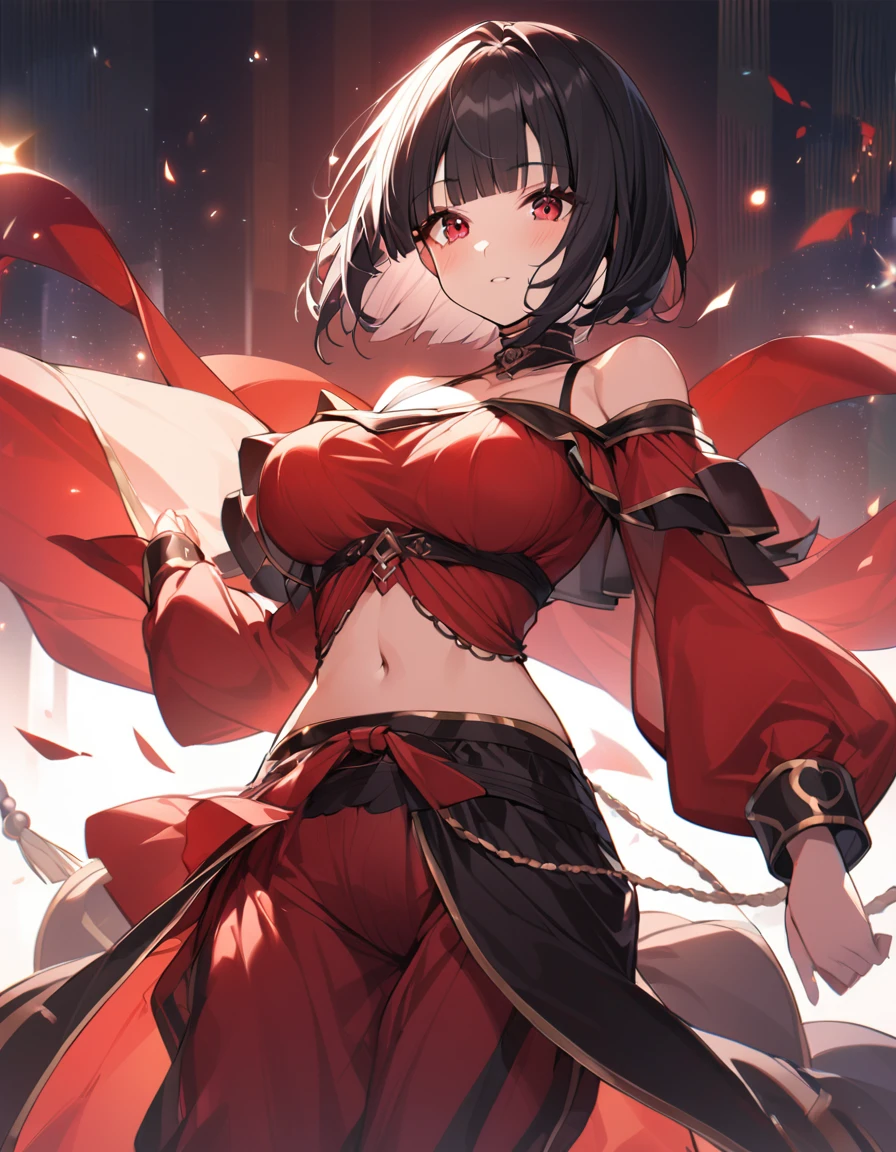 1girl,solo,blunt-bangs,19 years old,short-hair,large_breasts,black-hair,red-eyes, It's a red silk off-the-shoulder dress that reaches just below the chest, revealing the navel. The shoulders and chest are wide open, and the sleeves are see-through and flare out, but the cuffs are closed. The bottoms are Aladdin pants of the same color as the top,full_body,