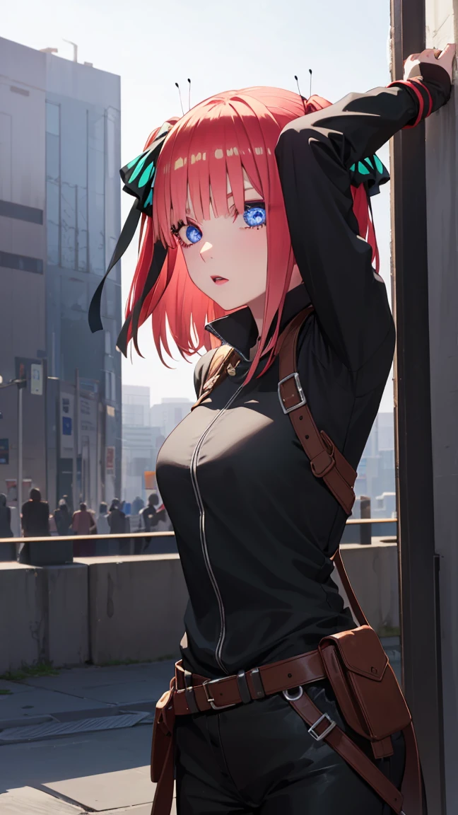 nino nakano, short hair, bangs, blue eyes, hair ornament, hair ribbon, pink hair, blunt bangs, two side up, butterfly hair ornament,
BREAK ((Official Outfit:1.5)),
BREAK Cyberpunk_CityView, Before Window, standing at attention,armpits,arm up,
BREAK (masterpiece:1.2), best quality, high resolution, unity 8k wallpaper, (illustration:0.8), (beautiful detailed eyes:1.6), extremely detailed face, perfect lighting, extremely detailed CG, (perfect hands, perfect anatomy),