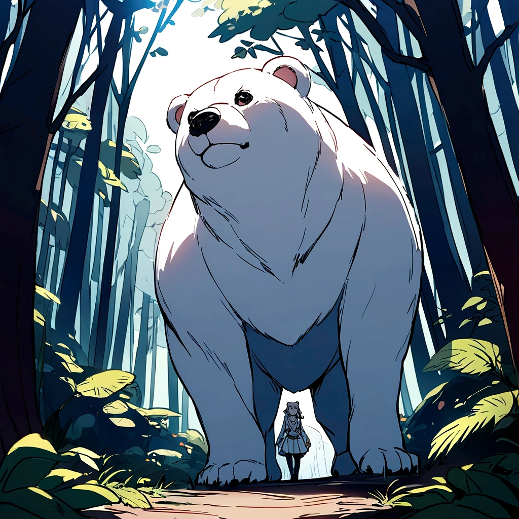 Wide angle shot of a cute white bear walking in the forest