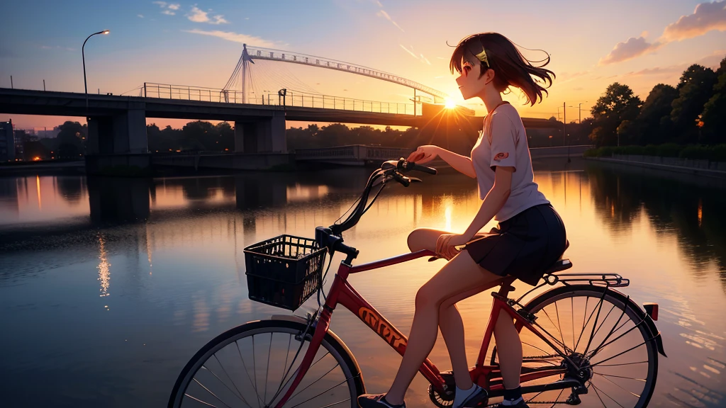Anime girl riding a bicycle on a bridge watching the sunset, Bridge over the canal, Girl in casual clothes, silhouette, Orange sunset sky, Makoto Shinkai style, Makoto Shinkai style, 2D
