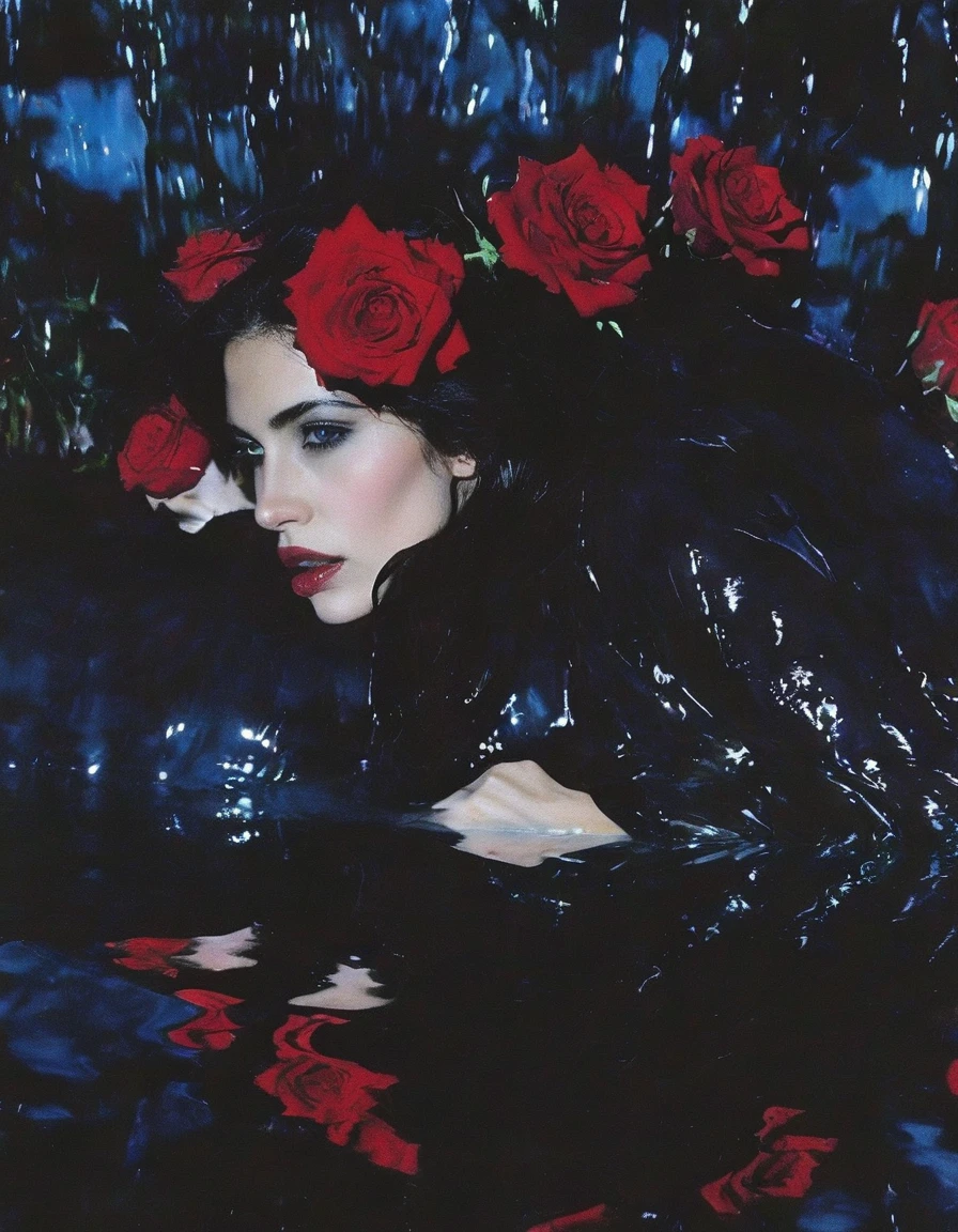 film photography, vintage, close up photo of fashion model hiding behind red roses in black water, blue dark forest night background