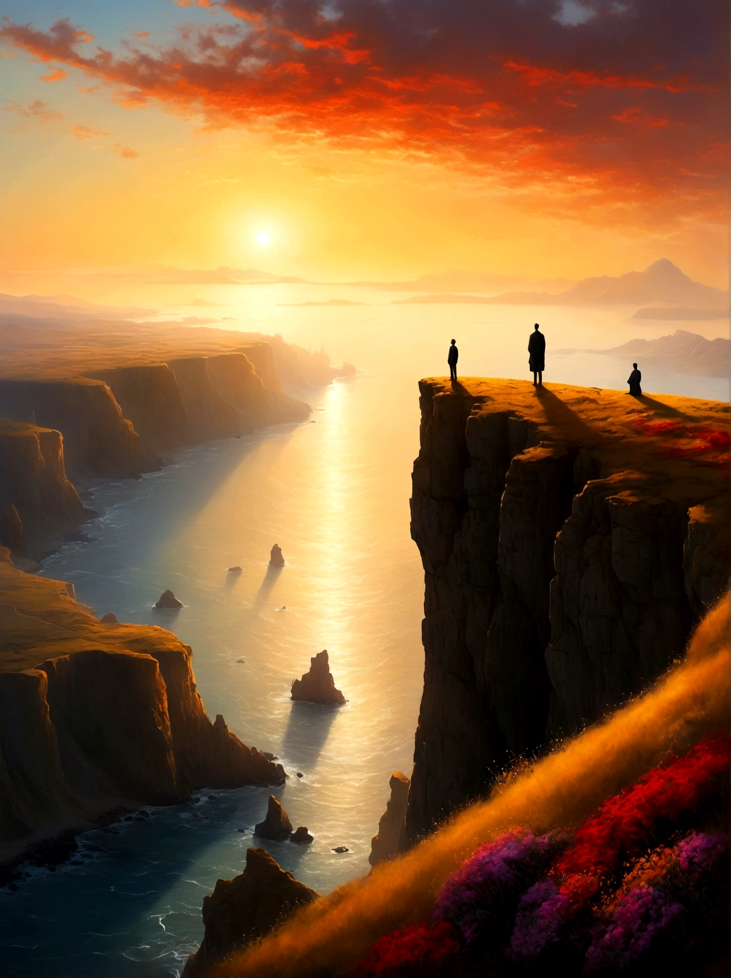 Create a visual representation of a solitary figure on a cliff during sunrise, The individual stands tall in awe and wonder under the expansive sky, their silhouette a stark contrast against the vibrantly colored morning light, They are in a deep state of contemplation, the serene atmosphere around them speaks of tranquility and solitude, The perspective is from a wide-angle view emphasizing the immense scope of the breathtaking landscape filled with natural elements, The image should evoke a sense of drama and magnitude with the effective use of light and shade.