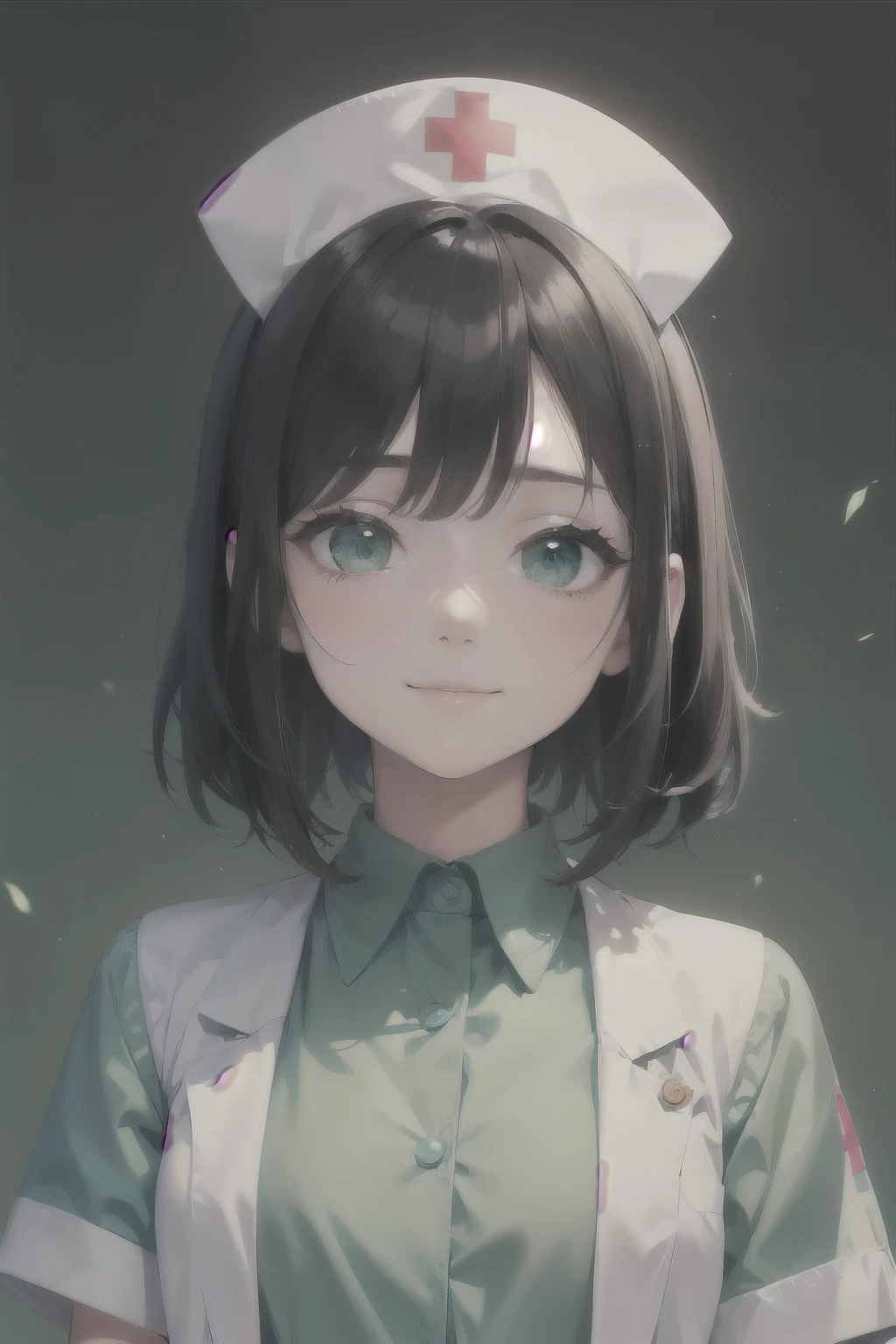 Portrait of a Girl,alone,20-year-old,Beautiful Face,Upper Body,Medium Sidecut, Black Hair, Sharp focus,Mint green nurse uniform、A shy smile、Gentle eyes、Droopy eyes