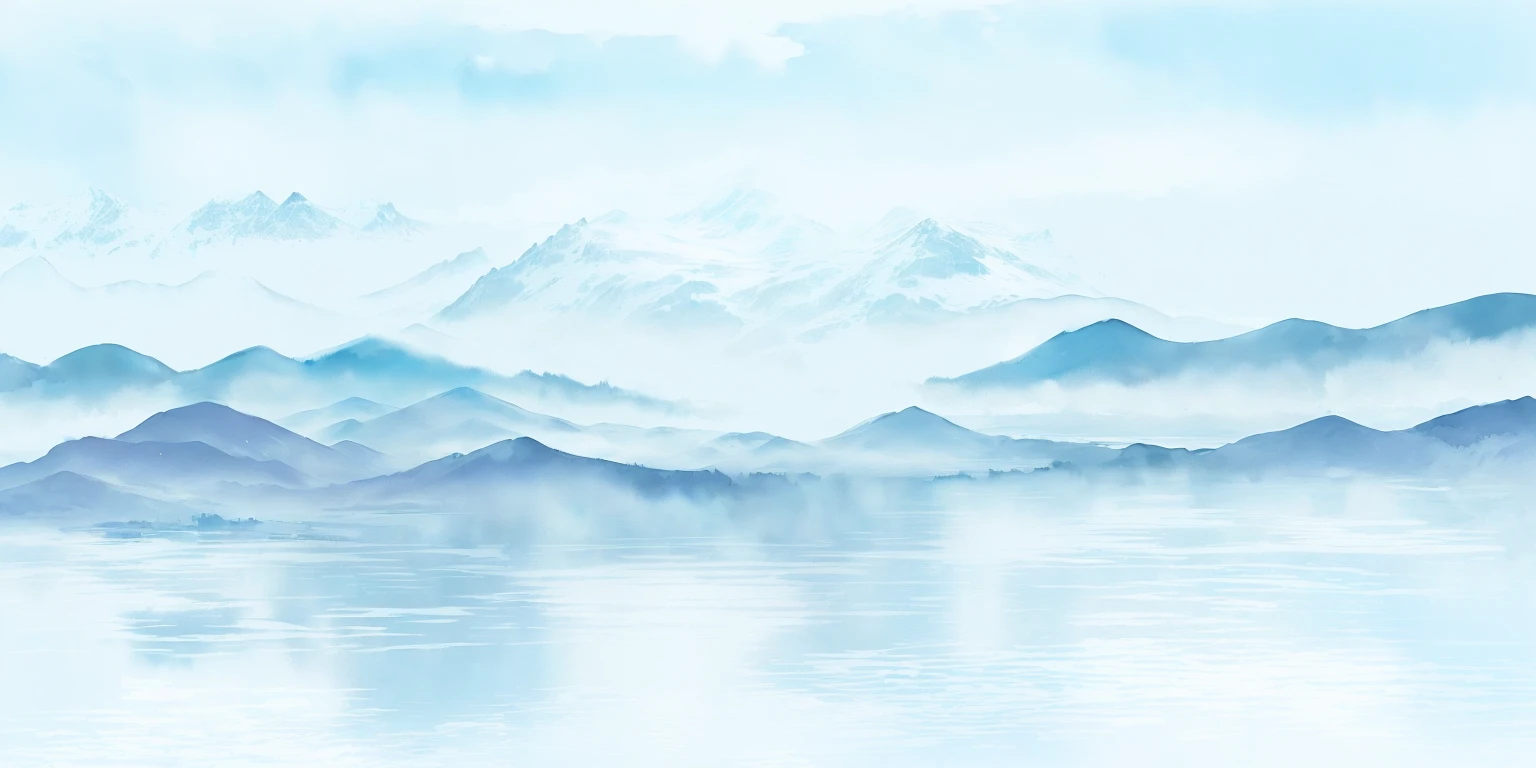 There is a painting,There is a mountain range in the painting,A lake in the foreground, 雾Mountains in the background, Detailed scenery —width 672, Mountain background, water landscape, Hazy background, background mountains, Mountains in the background, Mountain background, Lake Background, mountains background, Mountains and lakes, There are some mountains in the background, Landscape background, Watercolor Numbers, Landscape background