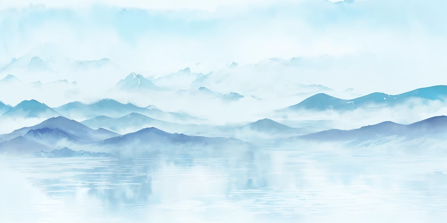 There is a painting,There is a mountain range in the painting,A lake in the foreground, 雾Mountains in the background, Detailed scenery —width 672, Mountain background, water landscape, Hazy background, background mountains, Mountains in the background, Mountain background, Lake Background, mountains background, Mountains and lakes, There are some mountains in the background, Landscape background, Watercolor Numbers, Landscape background