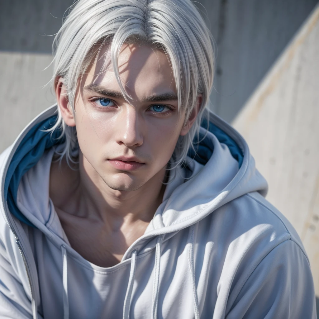 male character with white hair blue eyes wearing white hoodie with blue and black shirt