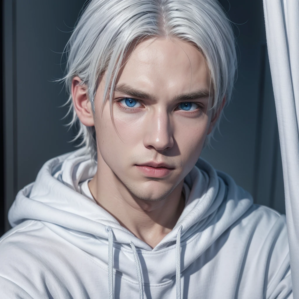 male character with white hair blue eyes wearing white hoodie with blue and black shirt