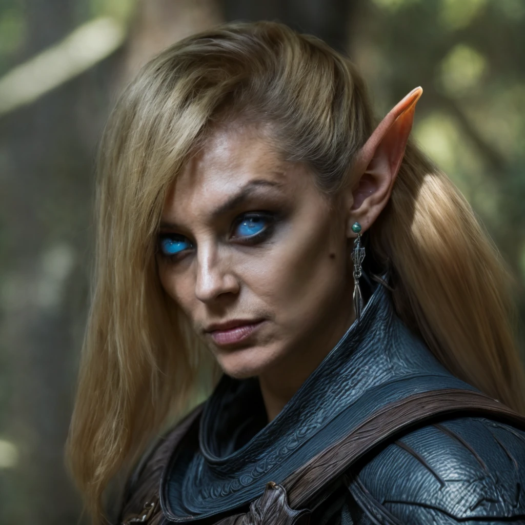 (masterpiece)+, (extremely (realistic)+,a portrait of an ugly young female elf ranger , blue empty alien eyes, Extremely sharp facial features, dirty skin, skin imperfections, Wearing blue leather armor, Focused stare. Looking in camera. volumetrics dtx, Photorealistic, ultra detailed, Artstation trending, very very detailed, realistic shaded lighting, dynamic shadows, detailed Forest background, upper body, professional photograph of a detailed skin, sharp focus, dramatic, award winning, cinematic lighting, octane render, unreal engine, volumetrics dtx, Photorealistic, ultra detailed, Artstation trending, very very detailed, hyperrealistic, fine details, realistic shaded lighting, dynamic shadows, Forest background, add_detail:1, skin pores and wrinkles, details.,More Reasonable Details