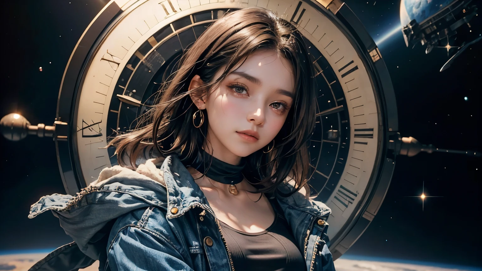 A beautiful woman. Dark brown hair. Twenty years old. She is looking at the camera with a defiant expression. She wears blue jeans as a jacket. An image of outer space and a large clock in the space behind her.