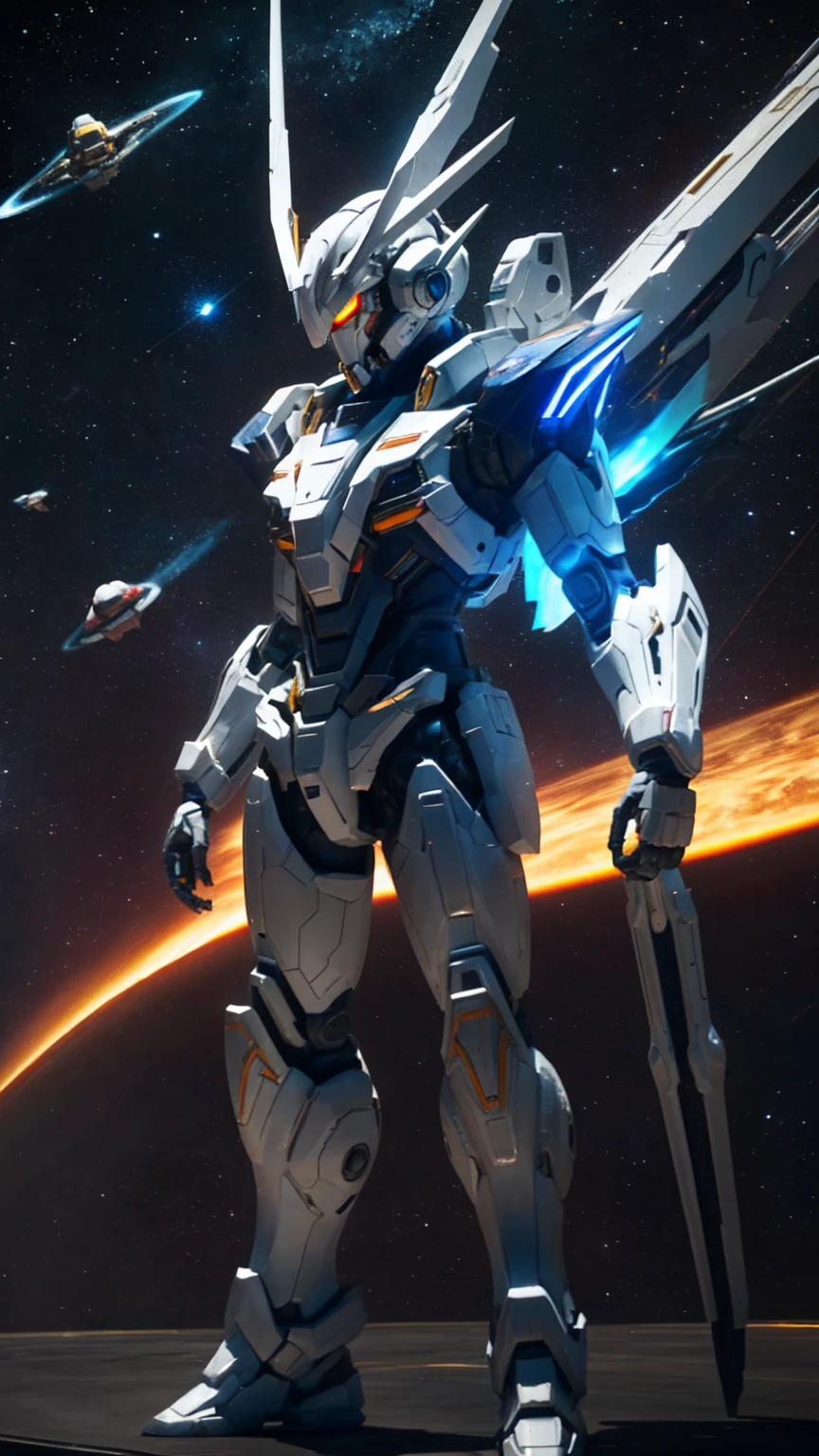 universe space、'.'Golden light effect)、(Strike Freedom)、(front)、universe spaceに浮いている、The round gold particles surround the aircraft.、(He holds a rifle in his right hand and a beam saber in his left hand)、(Eye color: Blue)、Aircraft color: White