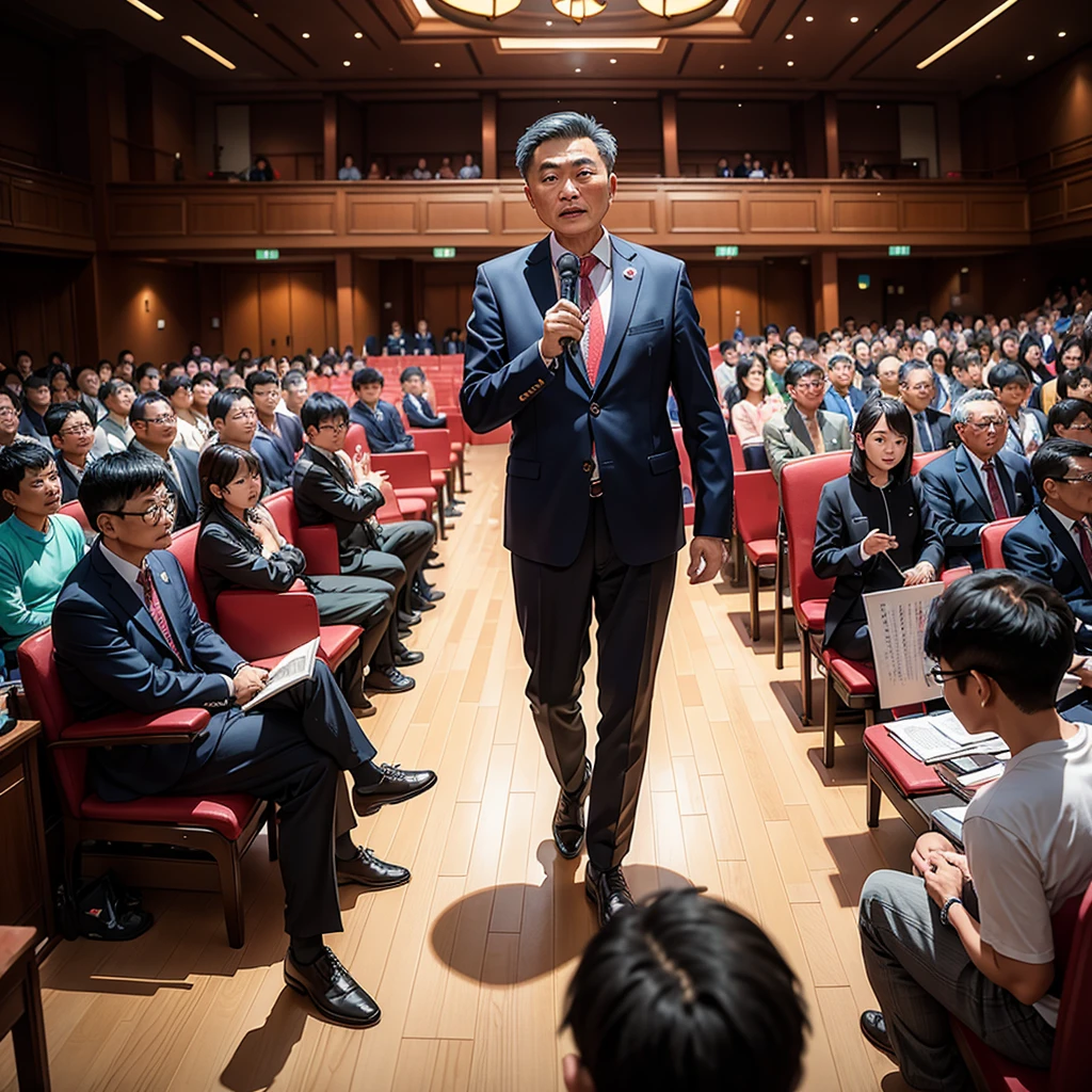 Create an image featuring a confident middle-aged Taiwanese man giving a speech at the chairman's seat in a grand hall. The man is facing away from the camera, wearing trendy, youthful clothes. The grand hall is filled with Taiwanese audience members attentively listening to the speech.
