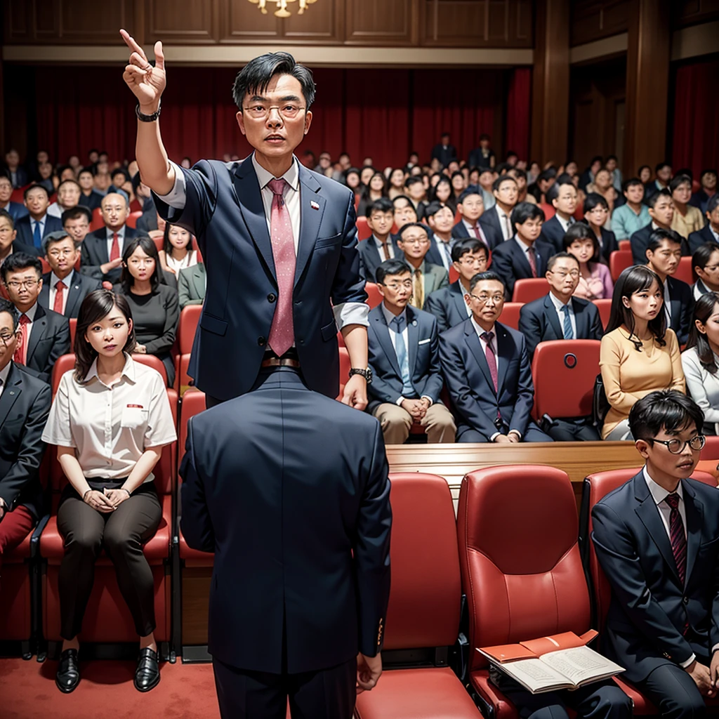 Create an image featuring a confident middle-aged Taiwanese man giving a speech at the chairman's seat in a grand hall. The man is facing away from the camera, wearing trendy, youthful clothes. The grand hall is filled with Taiwanese audience members attentively listening to the speech.
