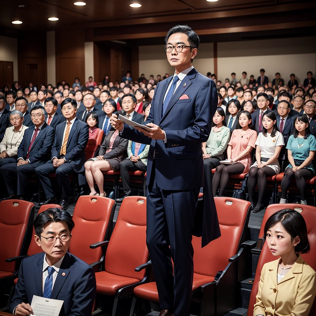 Create an image featuring a confident middle-aged Taiwanese man giving a speech at the chairman's seat in a grand hall. The man is facing away from the camera, wearing trendy, youthful clothes. The grand hall is filled with Taiwanese audience members attentively listening to the speech.
