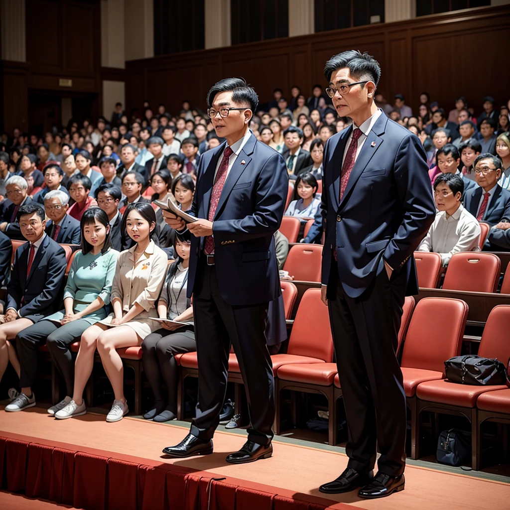 Create an image featuring a confident middle-aged Taiwanese man giving a speech at the chairman's seat in a grand hall. The man is facing away from the camera, wearing trendy, youthful clothes. The grand hall is filled with Taiwanese audience members attentively listening to the speech.
