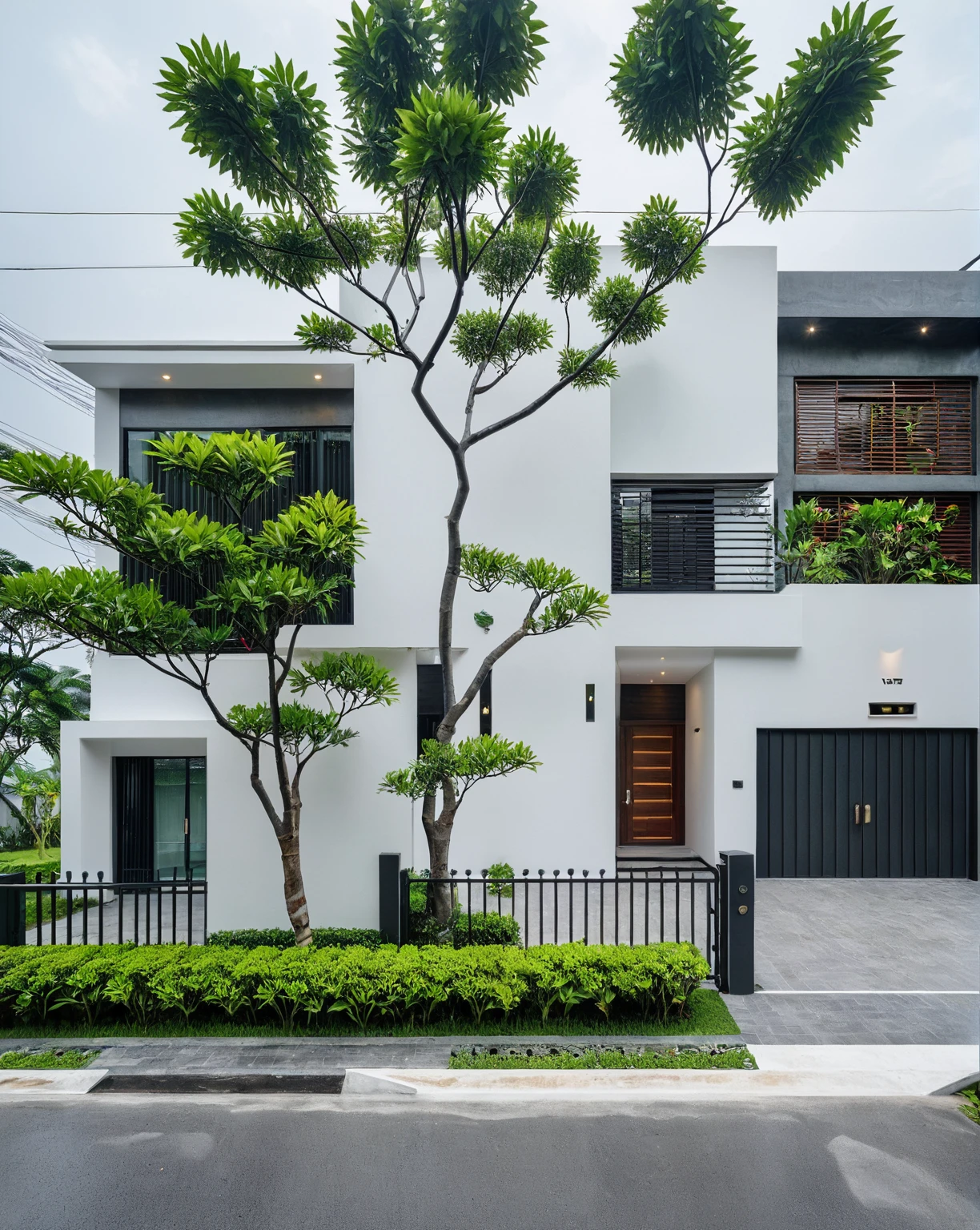 RAW photo, a photo of a modern villa, sidewalk, sidewalk trees, steel gate, road, viet nam modern residence, a car parked in front of it, rough white wall, new residential area, wide angle exterior 2022, contemporary house, exterior photography, masterpiece, contemporary architecture, overcast, indirect lighting