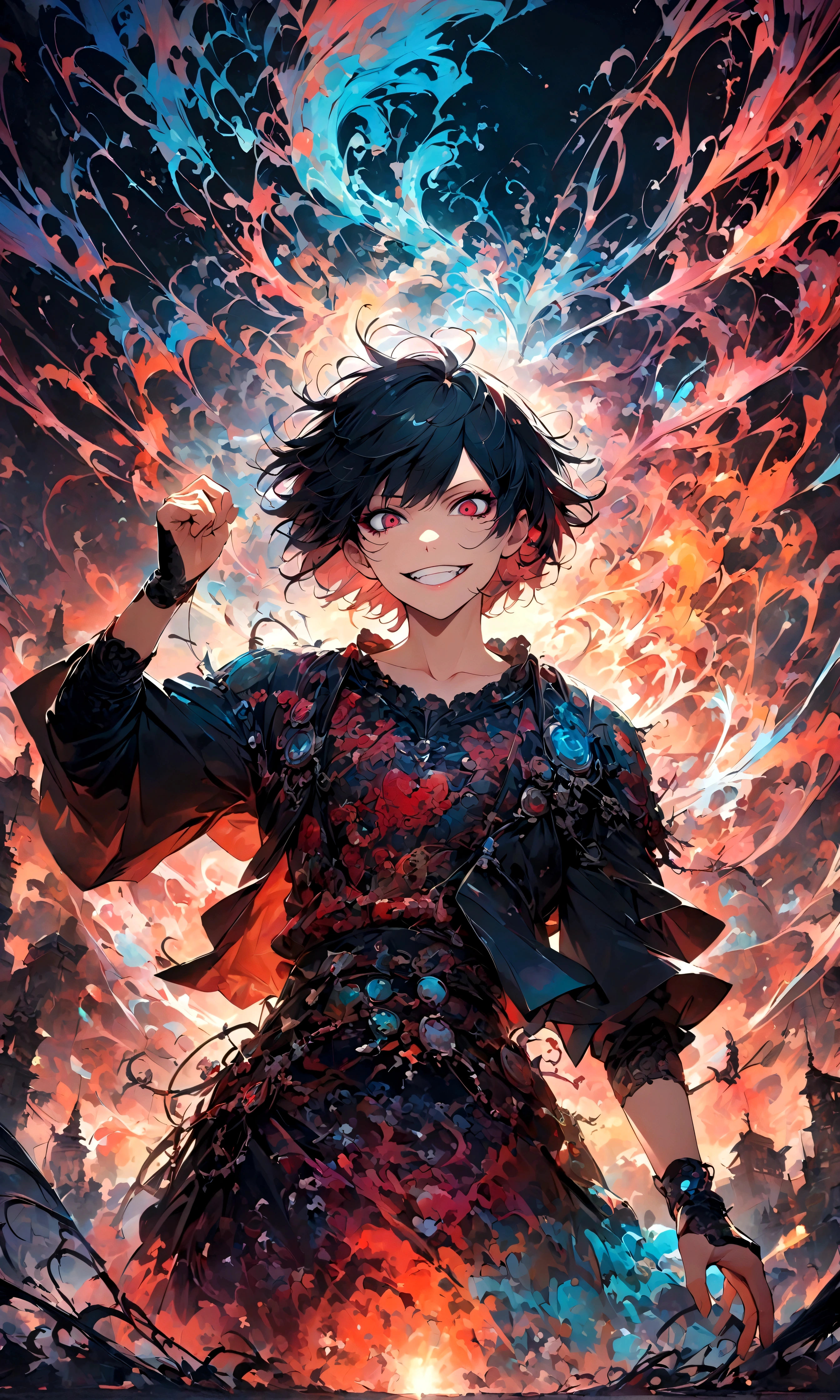 male,Tokyo Ghoul,Ishida Sui's style,Intricate details,artwork,Rendering,(best quality:1.4),(Extremely detailed:1.5),high resolution,Extremely detailed,wallpaper,Dark Fantasy,glare,Fighting Style,Crazy smile,tangled,Best color balance