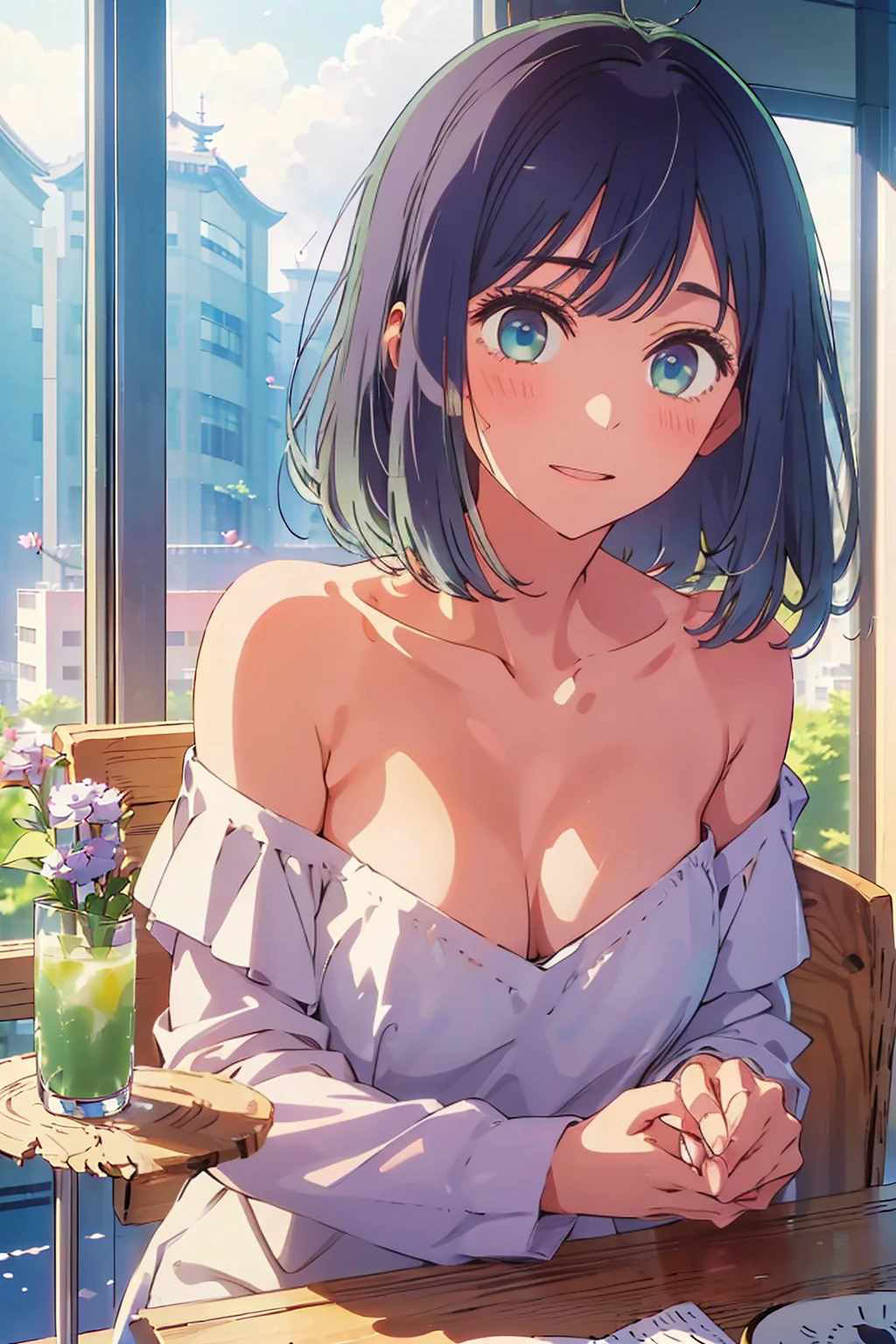 (Highest quality:1.4、8K:1.4、detailed)、F cup bust、Big Breasts、Slim body、Very white beautiful skin、((((1 person、smile、Surprised expression、sit、Chair、In the background are the urban buildings of Tokyo、looking at the camera、Indoor cafe terrace、Navy hair color、Straight Long Hair、juice、Shooting up close、table、Very cute face))))、((((nude、Areola))))、(Touching cheeks with both hands pose:1.4)、(((Off-the-shoulder seamless top)))、Nipples、Very blue sky、A completely cloudless sky