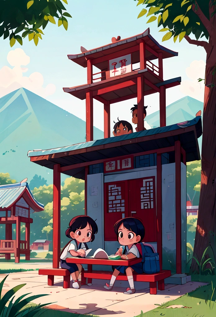 Two or three children were doing their homework under the flagpole on the playground after school, set against the backdrop of a rural Chinese village in the 1980s.