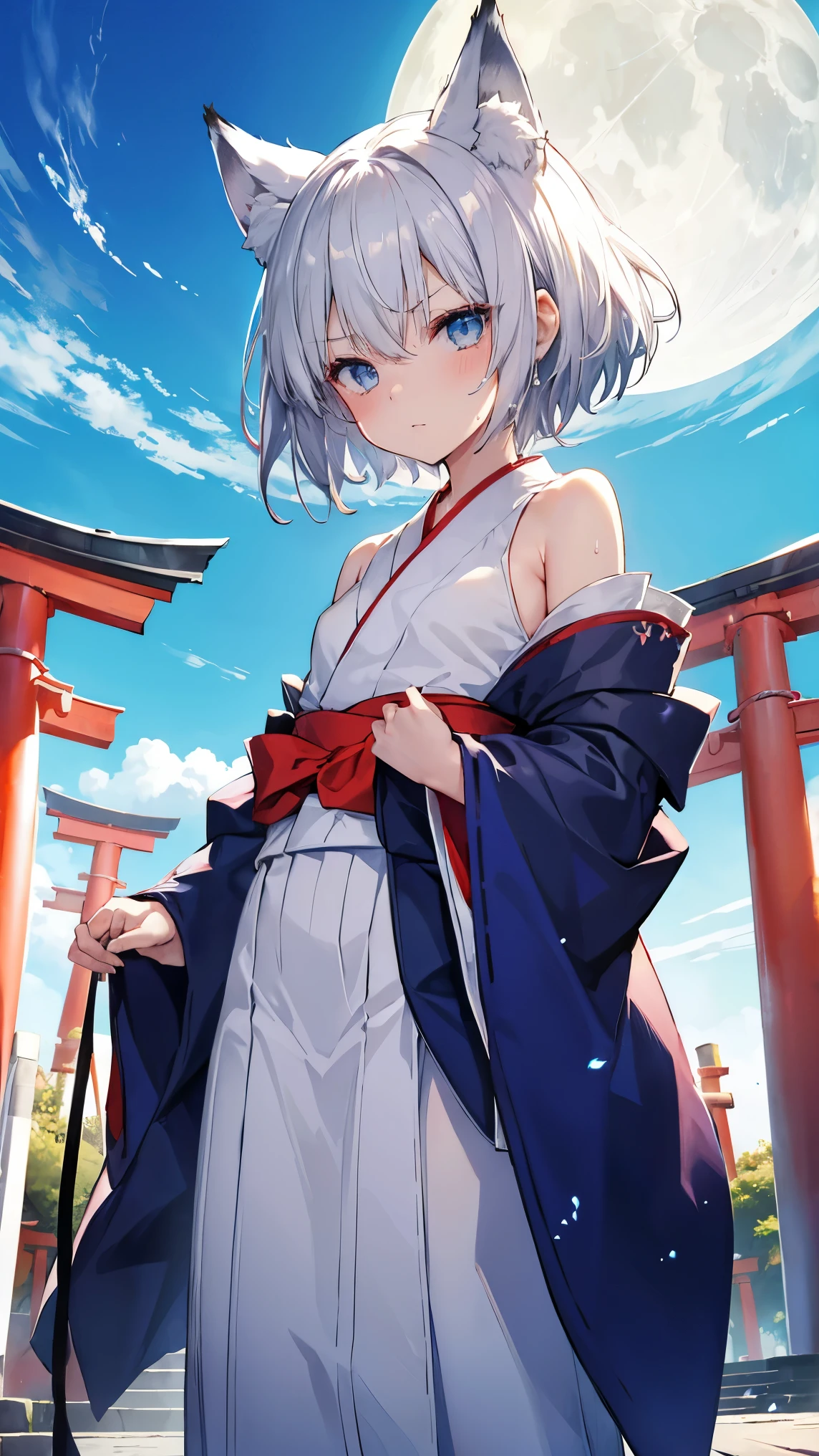 High resolution、Girl、Silver Hair、short hair、Fox Ears、blue eyes、Slender、Small breasts、Shrine maiden,Scarlet Hakama,torii,summer,7moon,Sweat,blue sky