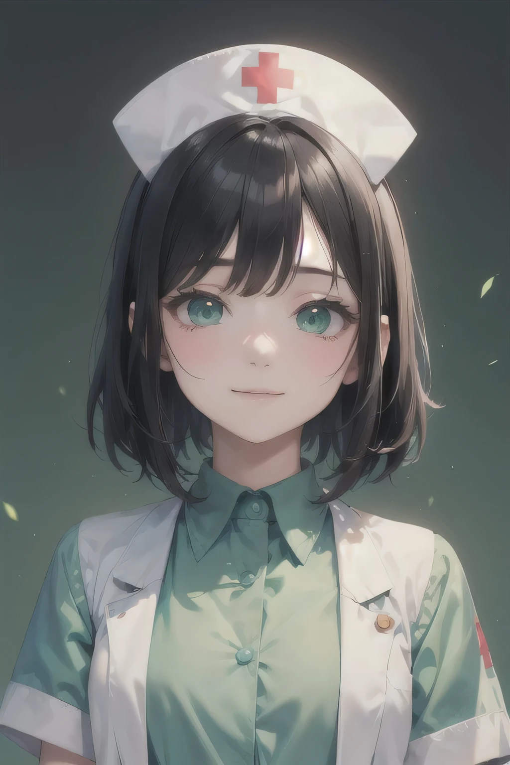Portrait of a Girl,alone,20-year-old,Beautiful Face,Upper Body,Medium Sidecut, Black Hair, Sharp focus,Mint green nurse uniform、A shy smile、Gentle eyes、Droopy eyes