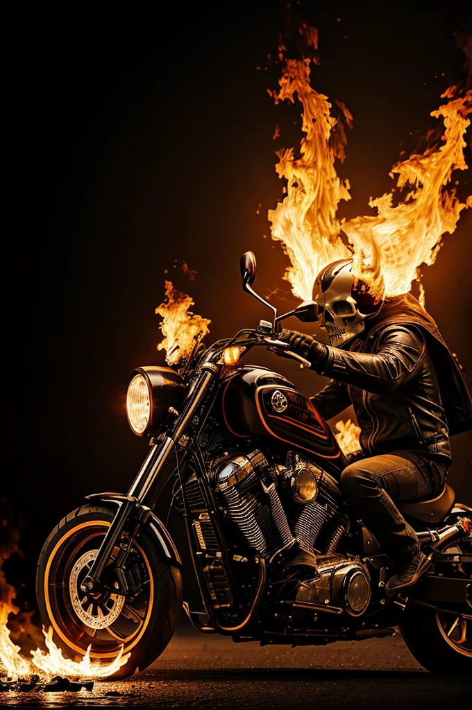 Skull riding a motorcycle engulfed in flames 