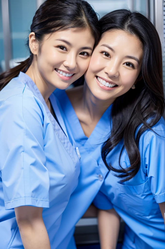 Dental hygienist, only two women Side by side, smiling, wearing light blue medical scrubs Light blue, short sleeves, cute, Japanese, black hair, female, early 40s Upper body close-up high resolution Highest quality Don't press your face too much