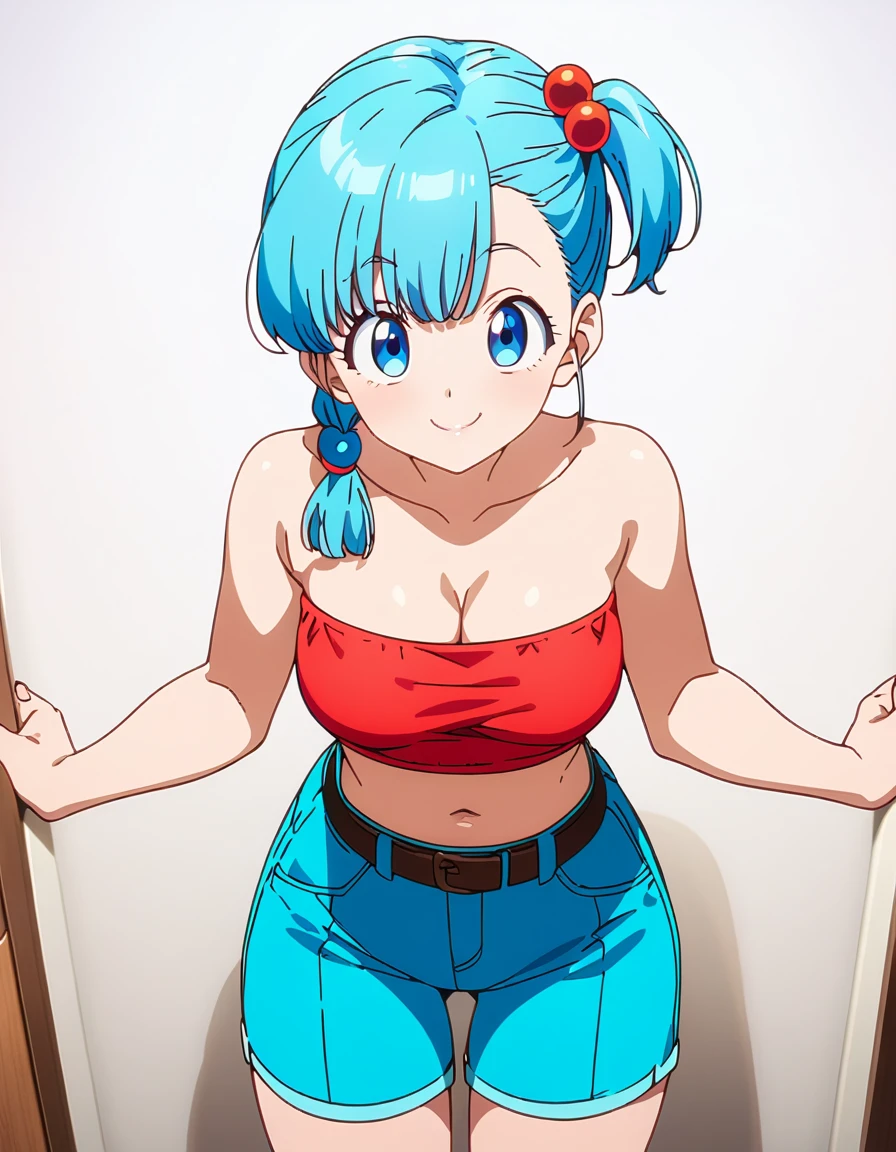 score_9, score_8_up, score_7_up, BREAK back view, leaning forward,straight-on,,1girl,bulma, blue eyes, blue hair,bare shoulders, belt, cleavage, hair bobbles, hair ornament, hair over shoulder,medium breast,midriff, navel, one side up, red tube top, shorts,ass, side ponytail, (strapless, tube top,under_boob:1),ass,,looking at viewer,facial expression,smile,masterpiece, best quality,  detailed body, highly detailed, anime coloring.anime,[anime_screencap:0.8] , highly detailed,