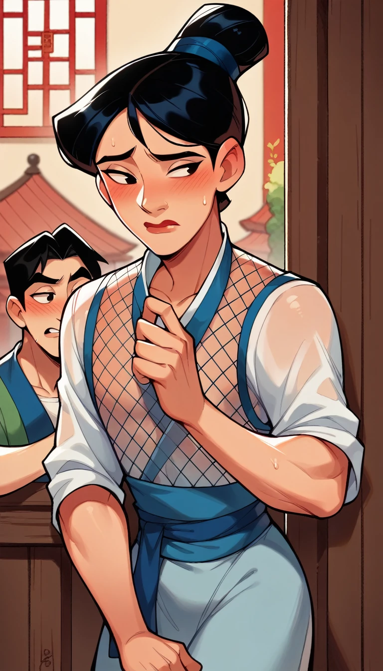 score_9, score_8_climb, score_7_climb, score_6_climb, MulanXLP, Single hair bun,blushing, Mesh series ,see through ,,sexually suggestive, Chinese Palace,disney, Dutch corner, 1 boy,