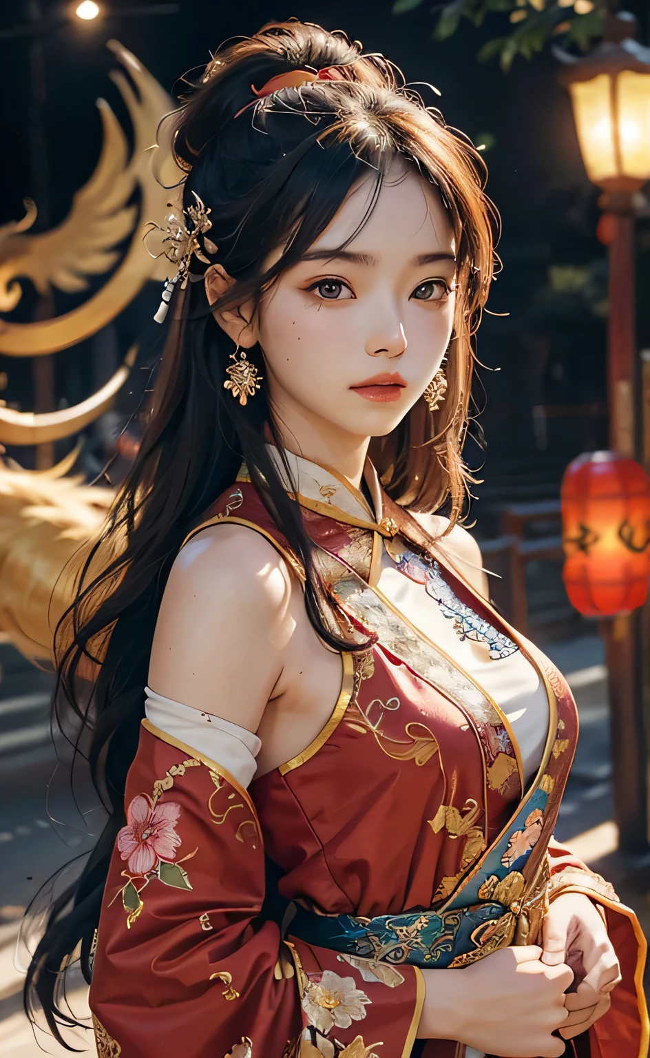 fire, Yohuosh, ((最high quality)), ((masterpiece)), (detailed), One girl, Perfect body, 18-year-old, Small breasts, portrait of a girl with Small breastss who is a fire bender and has a phoenix pet. Her face is exquisitely detailed, With captivating and gorgeous eyes that will draw you in. She is wearing a bright Chinese festival costume., It is decorated with intricate ornamentation and floral patterns.. Elegant earrings and jewelry complement your outfit, Adding to her captivating looks. While walking around Harajuku, The atmosphere is cinematic and wonderful., Neon lights illuminate the surroundings、Creates a bokeh effect. The background is intentionally blurred, Focus on the girl and her enchanting presence. Her hair flows down, It appears to shine in the light, As the flames danced around her, Symbolizes her ability to control fire. Due to the presence of lion dance、This scene gets even more exciting。, Add an element of cultural celebration and vibrancy. fireworks burst in the sky, Add excitement and spectacle. The level of detail in the artwork is hyper-detailed, Make sure every aspect of your composition is well-crafted. Camera angle: A medium close-up shot of the girl&#39;s face and upper body, Highlighting her striking features and the intricate details of her outfit. Camera angleを少し傾けることで、It adds dynamism and cinematic atmosphere to the scene.。, Curtain bangs haircut model, Shoulder forward pose, Sharp Black, The shooting angle is a rim lighting shot., It&#39;s Golden Hour, Colored hair is rainbow hair,
BREAK,
Ultra-realistic, Intricate Design, insanely detailed, Extremely fine detail, Very sharp lines, Cinematic Lighting, Photo Real, a detailed painting by Esao Andrews and Anton Fadeev, RAW Photos, high detailed, 8K, 超High resolution, Digital SLR, Soft Lighting, High resolution, Warm Light, high quality, Film Grain, Fujifilm XT3, Realistic, masterpiece, 最high quality, hyper-detailed, 8K, Warm Lighting, Soft lighting, masterpiece, 最high quality, detailed, 最high quality, ultra detailed, High resolution, Cinematic Light, splendid and colorful, Out of focus, Raw photo, Portrait Art, absurdes, High Contrast, colorful, The best detailed,