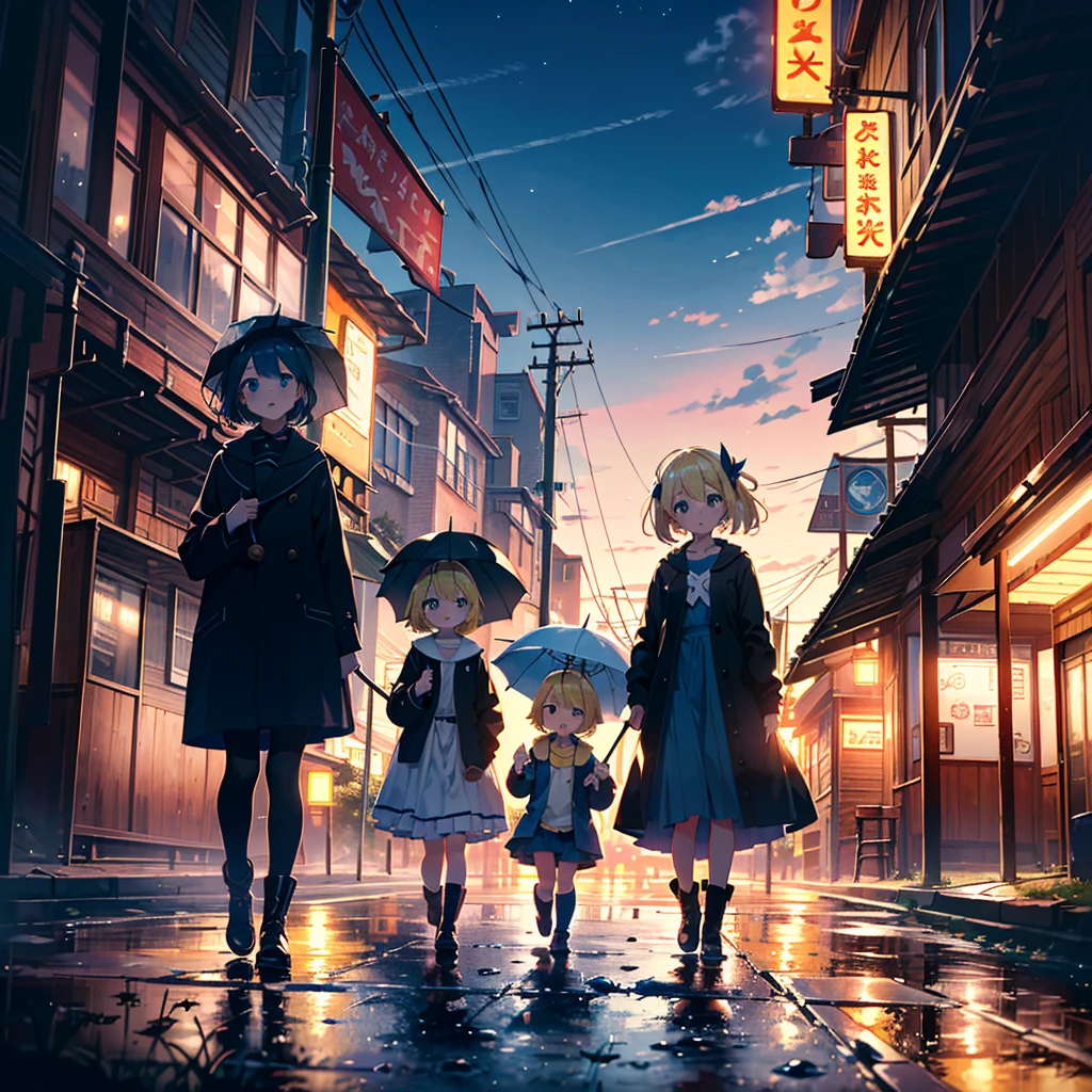 High-definition background, bright and beautiful atmosphere, 3 girls (2 years old, (1 short-tempered round face), (1 child)) (hair, surface effects), color effects), small breasts, blonde hair, hustle and bustle in front of the station, Scenery after the rain, girl looking up at the sky with an umbrella, wearing beautiful clothes, yellow boots, deltamon_sdXL:0.73) >Deltamon Negative Prompt