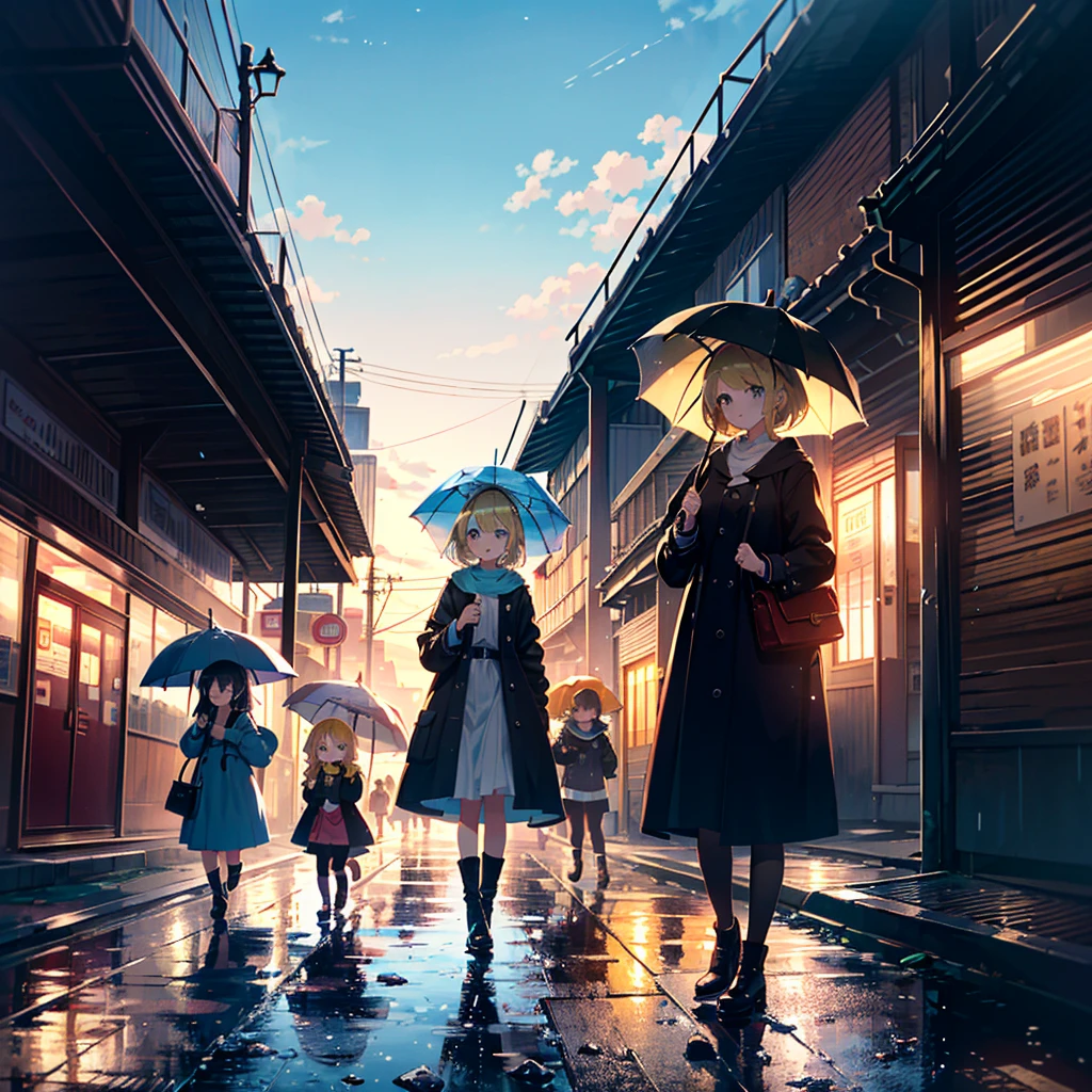 High-definition background, bright and beautiful atmosphere, 3 girls (, (1 short-tempered round face), (1 child)) (hair, surface effects), color effects), small breasts, blonde hair, hustle and bustle in front of the station, Scenery after the rain, girl looking up at the sky with an umbrella, wearing beautiful clothes, yellow boots, deltamon_sdXL:0.73) >Deltamon Negative Prompt