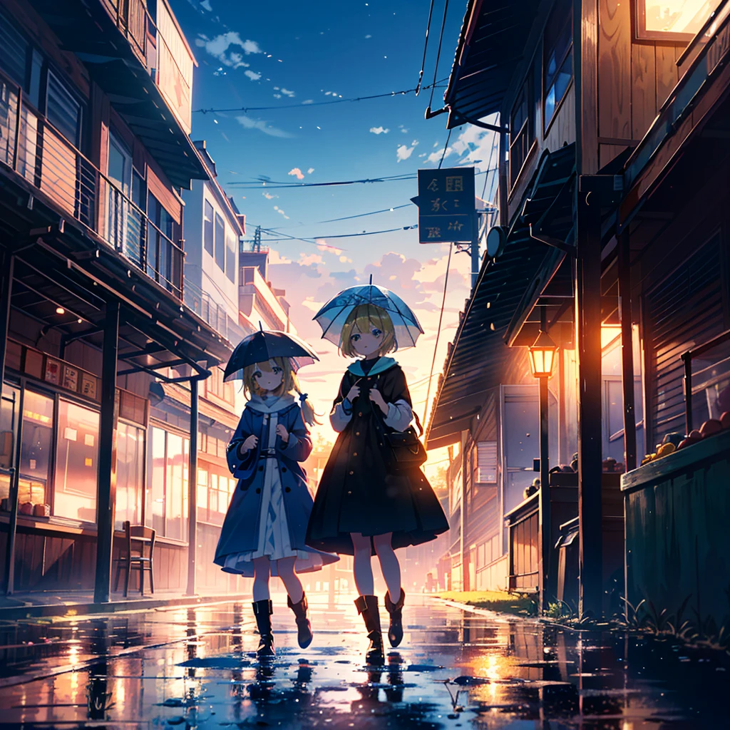 High-definition background, bright and beautiful atmosphere, 3 girls (2 years old, (1 short-tempered round face), (1 child)) (hair, surface effects), color effects), small breasts, blonde hair, hustle and bustle in front of the station, Scenery after the rain, girl looking up at the sky with an umbrella, wearing beautiful clothes, yellow boots, deltamon_sdXL:0.73) >Deltamon Negative Prompt