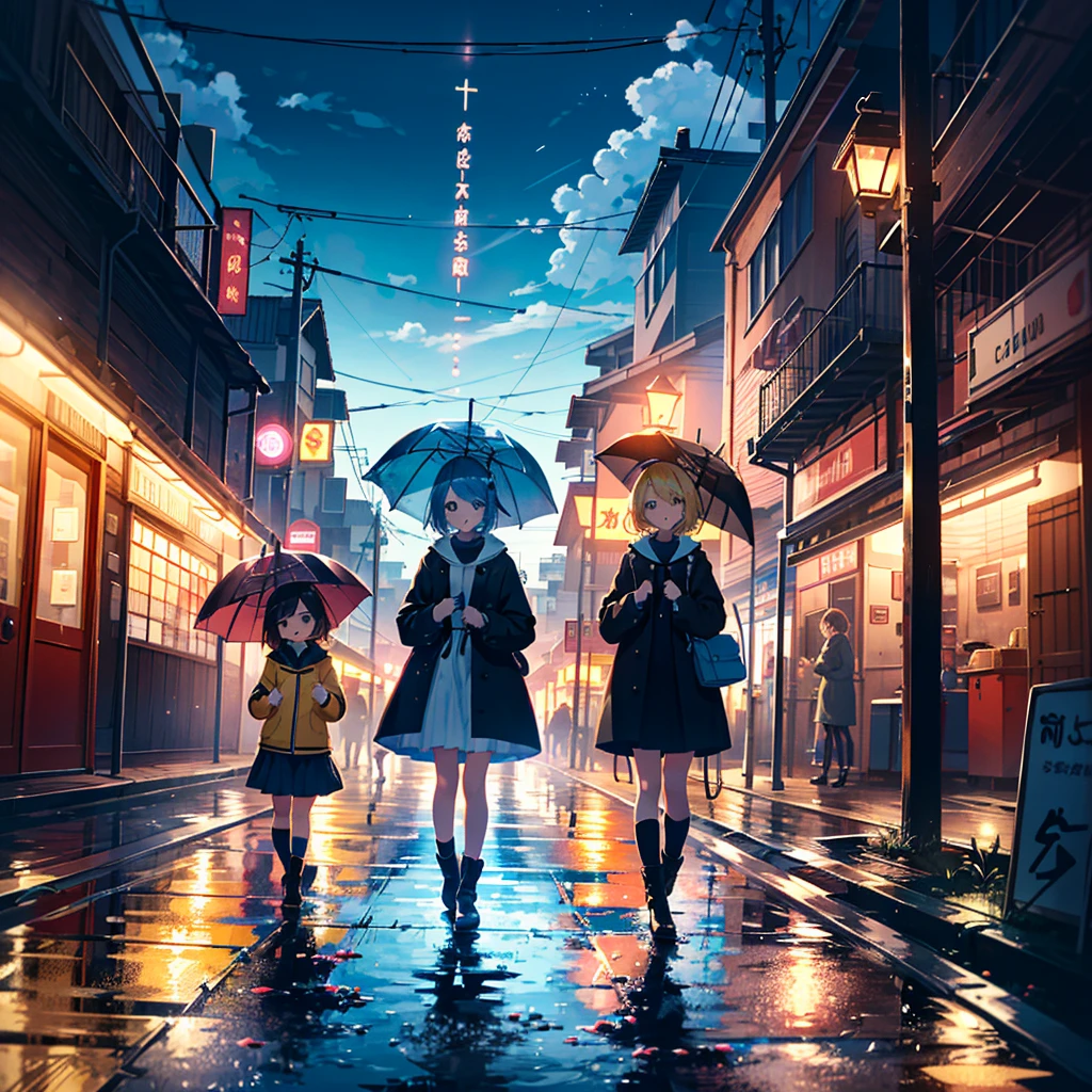 High-definition background, bright and beautiful atmosphere, 3 girls (2 years old, (1 short-tempered round face), (1 child)) (hair, surface effects), color effects), small breasts, blonde hair, hustle and bustle in front of the station, Scenery after the rain, girl looking up at the sky with an umbrella, wearing beautiful clothes, yellow boots, deltamon_sdXL:0.73) >Deltamon Negative Prompt
