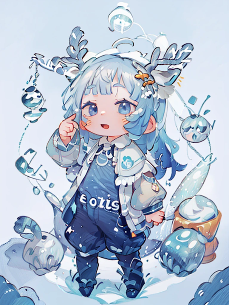 tarot, BORDER, celestial, chibi, masterpiece, best quality, extremely detailed, detailed background, detailed face, 1boy, full-body, solo, pale skin, dark blue hair, deer ears, deer horns, happy expression, white jacket, blue flower, good finger, perfect face, intricate details, mystical forest theme