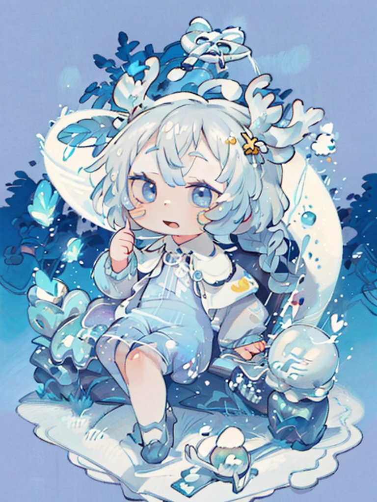 tarot, BORDER, celestial, chibi, masterpiece, best quality, extremely detailed, detailed background, detailed face, 1boy, full-body, solo, pale skin, dark blue hair, deer ears, deer horns, happy expression, white jacket, blue flower, good finger, perfect face, intricate details, mystical forest theme